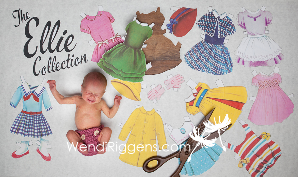 Baby Ellie poses for part of her newborn session as a vintage paper doll!